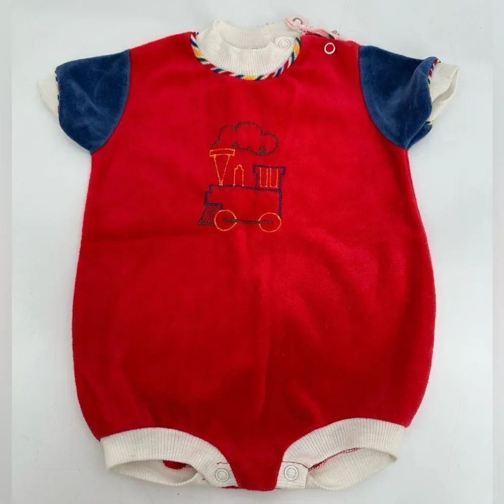 Vintage Doe Spun Red Baby Romper with Train Embroidery
